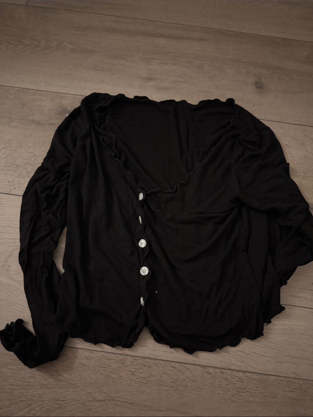 Black Ruffle-Trim Button-Front Women's Top